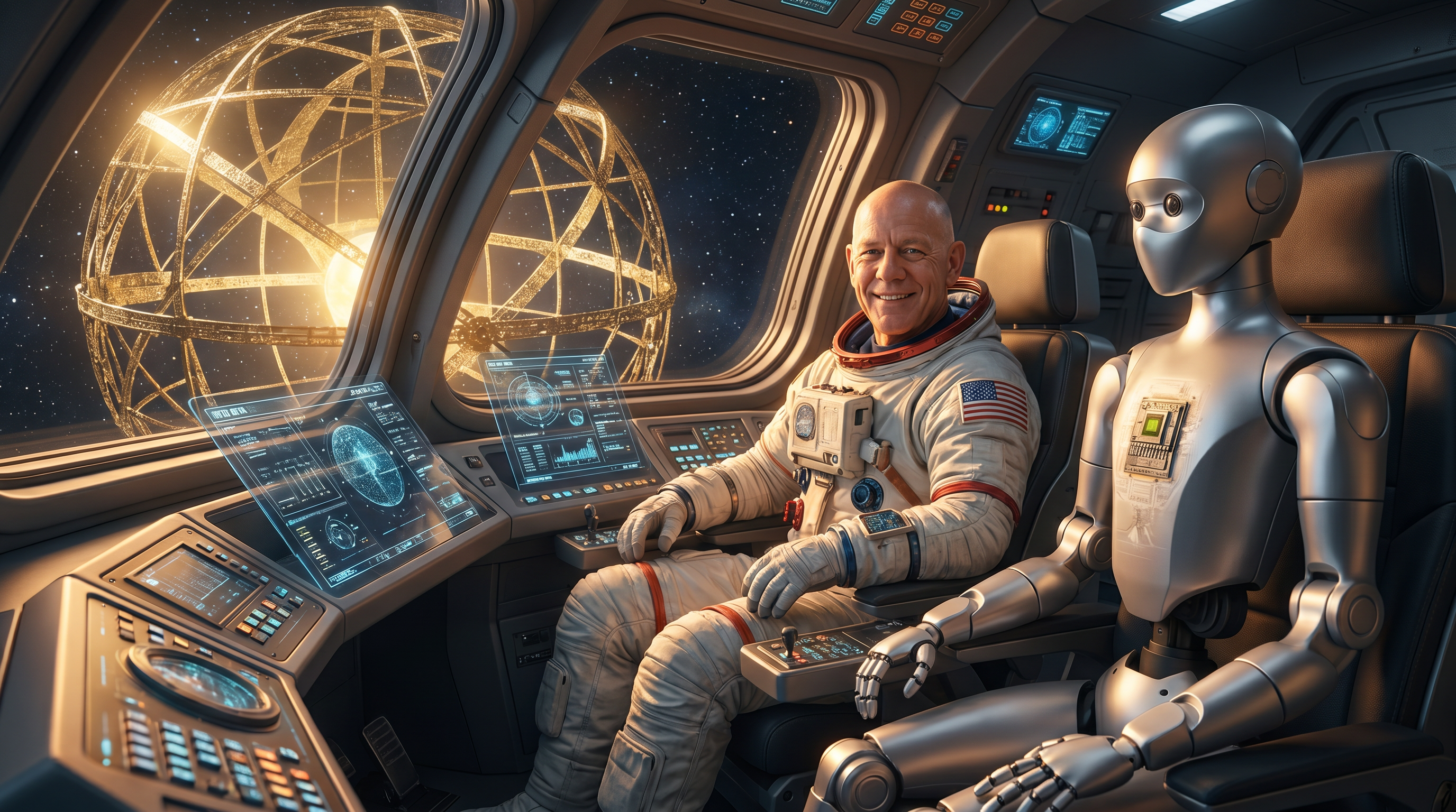 A cinematic image of a man in an astronaut suit seated inside the cockpit of a Dyson sphere with a humanoid robot.